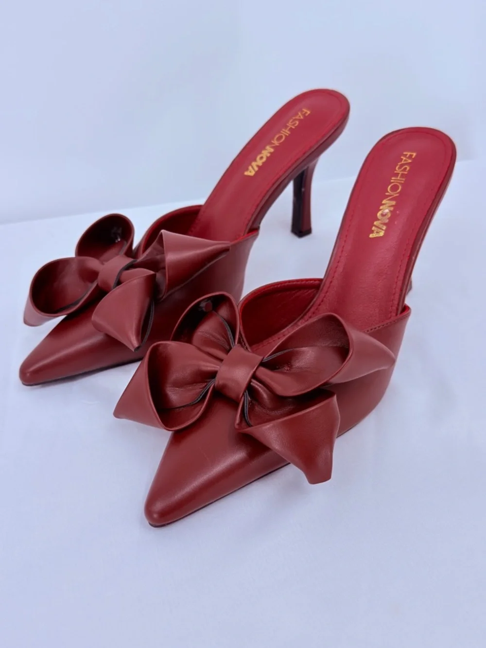 Fashion Nova Red Bow Heels Size 7.5 Pointed Toe Mule Stiletto Slip On
